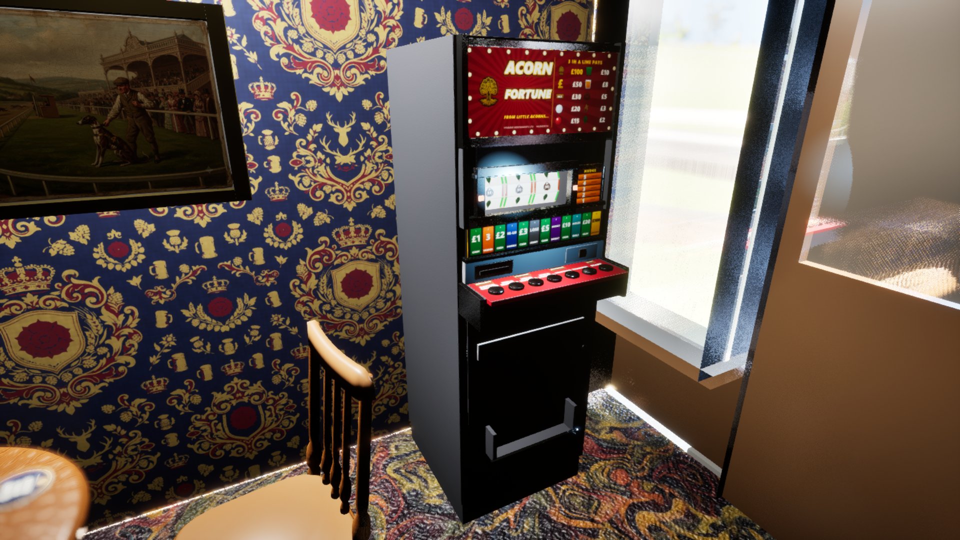 A British fruit machine standing in the corner of a pub: a tall dark cabinet with a lit red backglass reading ACORN FORTUNE, three reels behind glass, a row of coloured trail panels and a red button deck, against heraldic blue and gold wallpaper.