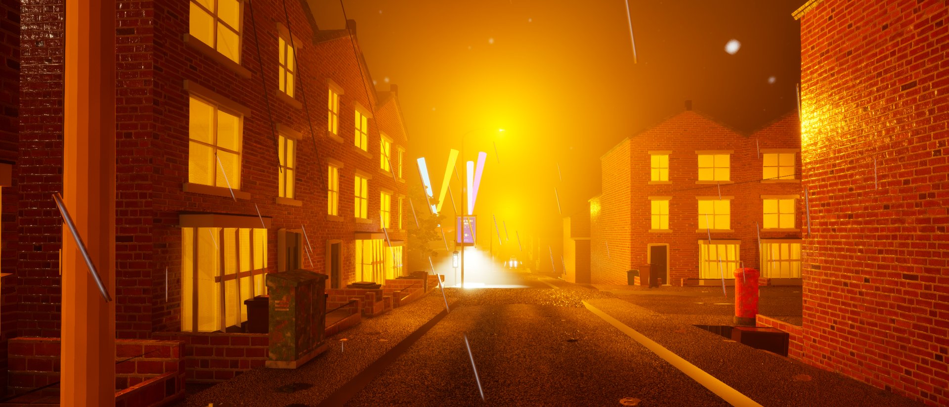 A terraced street at night under sodium lamps, a nightclub's neon sign glowing further down the road.