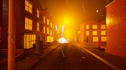A terraced street at night, light diffusing through the haze, with the Sweatbox's neon glowing further down the road.
