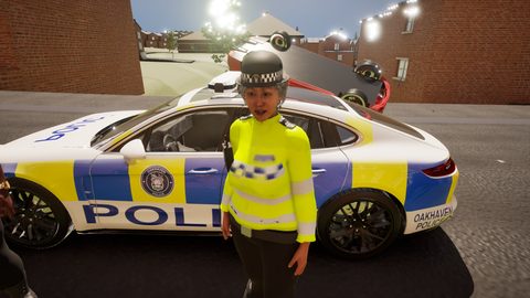 The opening. An officer mid-lecture on the pavement beside a liveried Oakhaven Police car, having just put the player out at 6 Radworth Road.