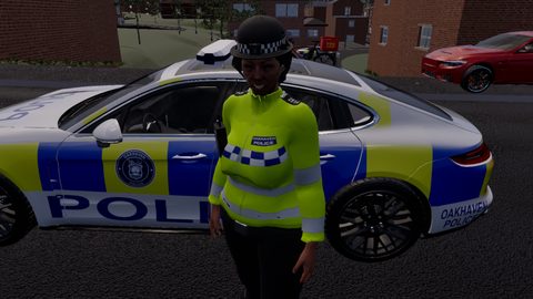 The opening. An officer beside a liveried Oakhaven Police car, having just put the player out at 6 Radworth Road.
