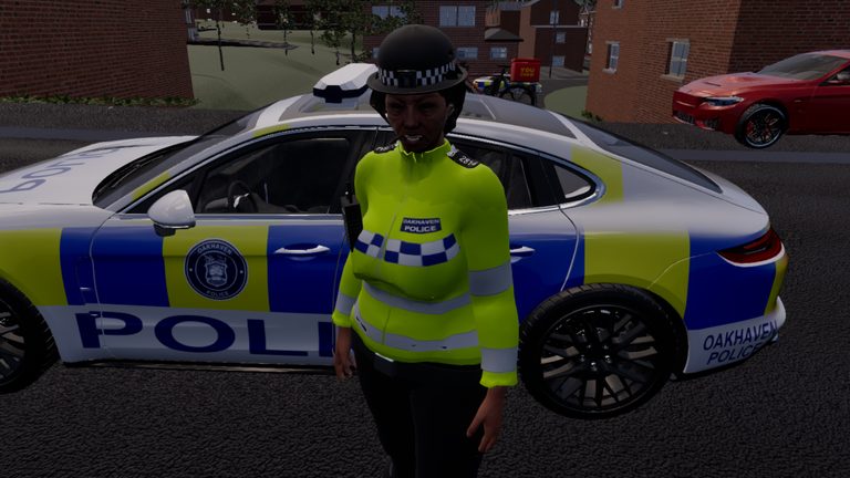 The opening. An officer beside a liveried Oakhaven Police car, having just put the player out at 6 Radworth Road.