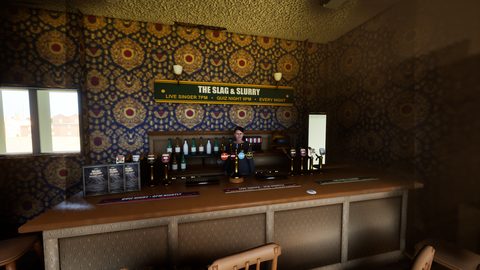 Charlotte behind the bar of the Slag & Slurry, under a sign advertising the live singer at seven and the quiz at eight.