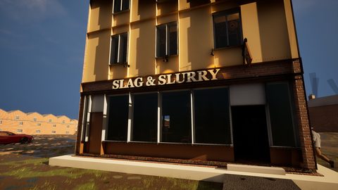 The Slag & Slurry from the street, gold lettering above dark windows in low evening sun.
