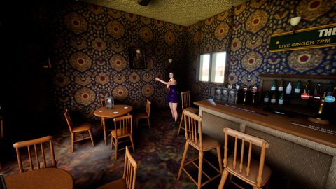 The lounge at eight o'clock. Patterned wallpaper, pub carpet, and Samantha ready to start her set beside the bar.