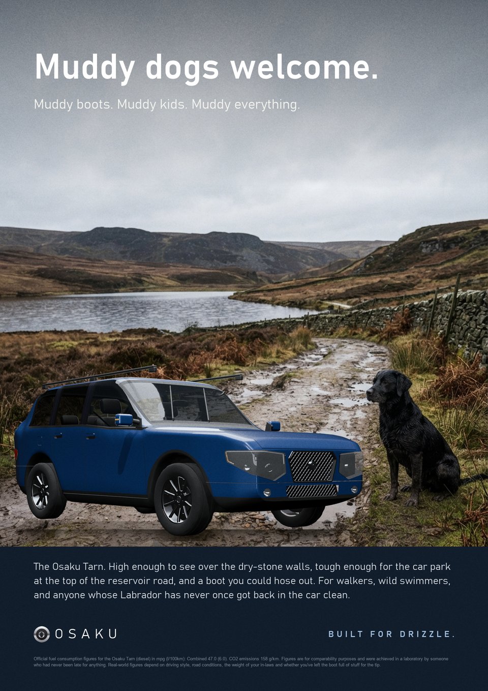 A parody car advert for the Osaku Tarn: Muddy dogs welcome.