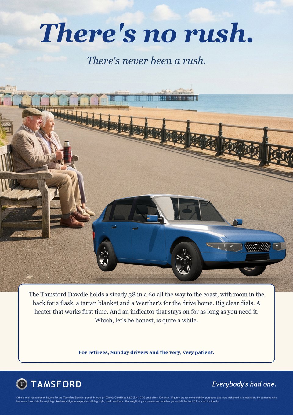 A parody car advert for the Tamsford Dawdle: There's no rush.