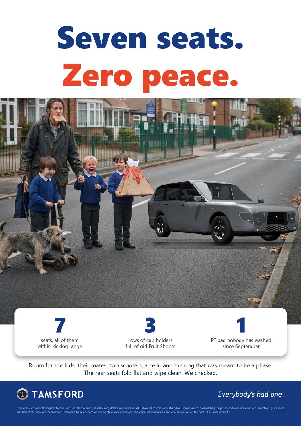 A parody car advert for the Tamsford School Run: Seven seats. Zero peace.