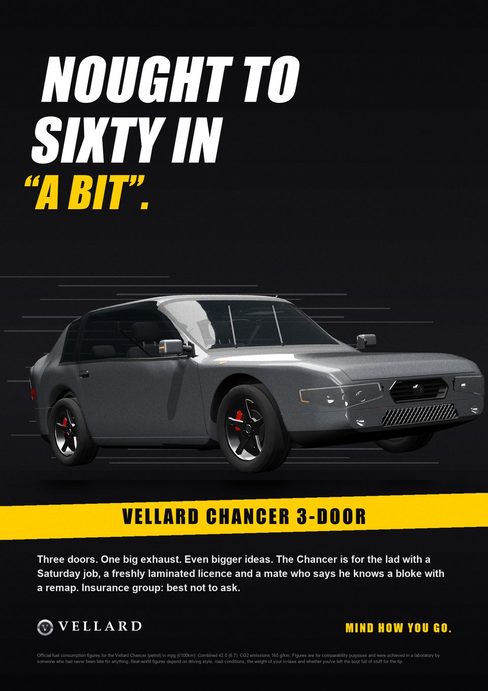 A parody car advert for the Vellard Chancer: Nought to sixty in “a bit”.