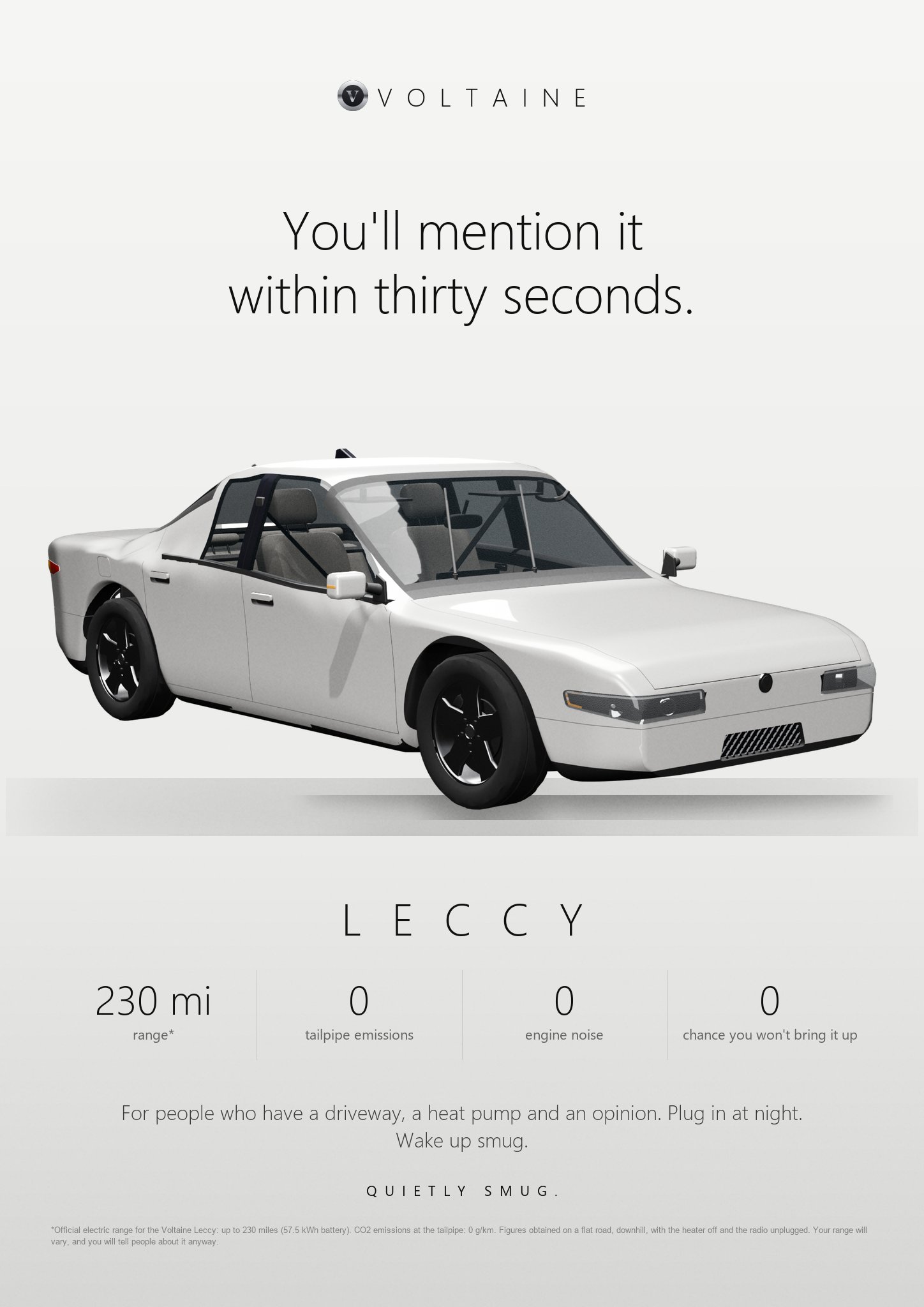 A parody car advert for the Voltaine Leccy: You'll mention it within thirty seconds.