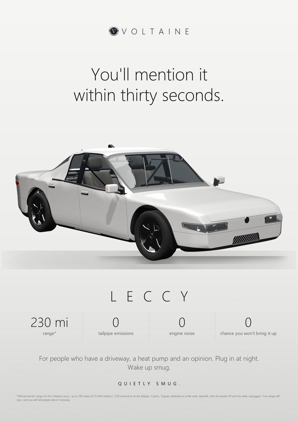 A parody car advert for the Voltaine Leccy: You'll mention it within thirty seconds.