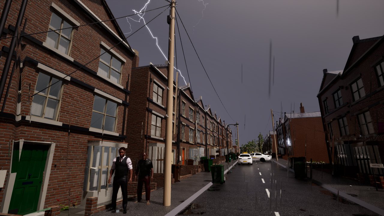 A red-brick terraced street under a dark grey storm sky, fork lightning over the chimneys and telegraph wires, rain falling, and two men standing on the wet pavement.