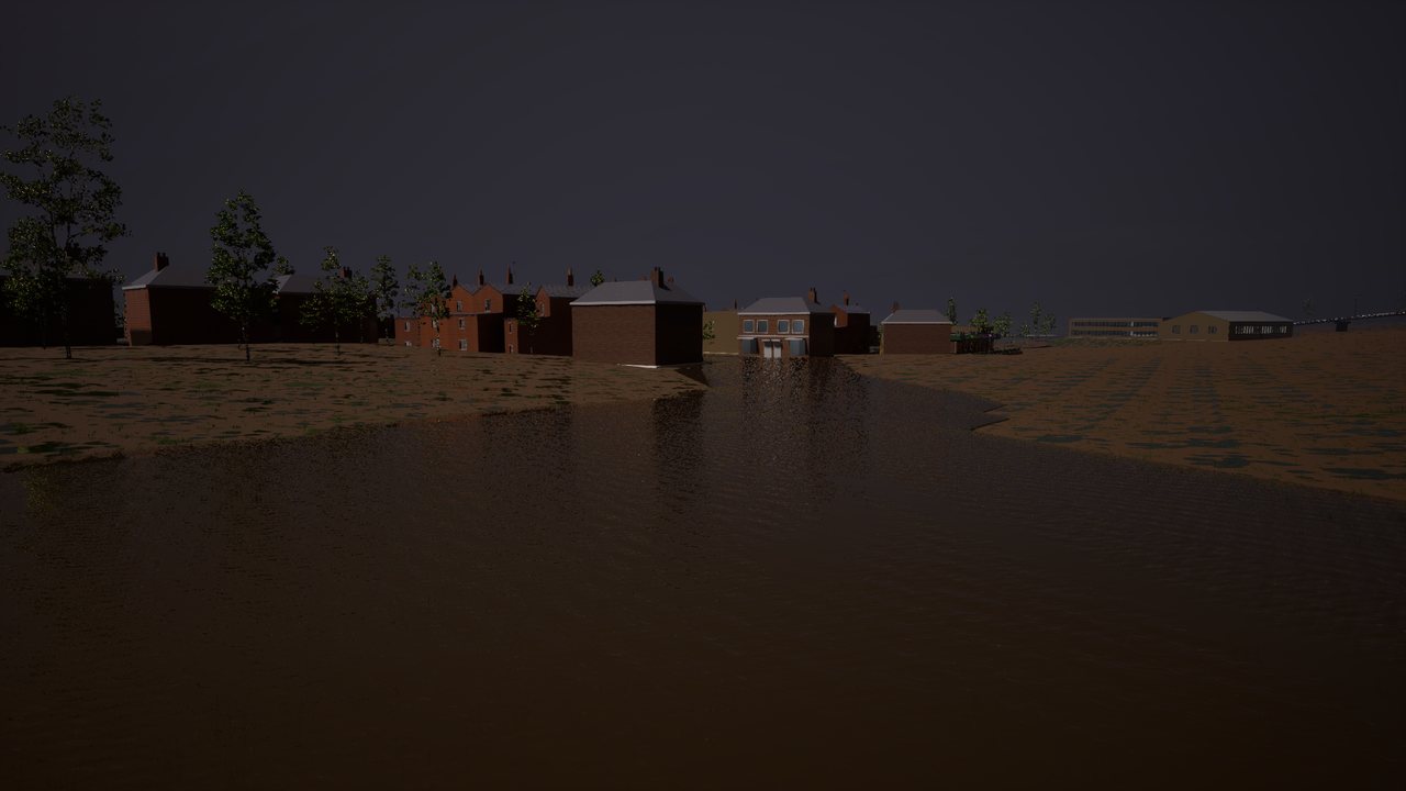 Brown floodwater pouring across low ground towards a row of red-brick houses under a dark storm sky, the houses reflected in the water.