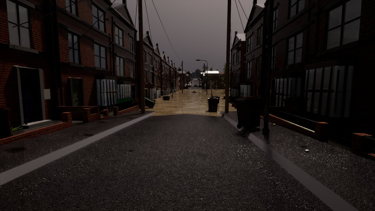 A terraced street under a dark grey sky running downhill into brown floodwater that fills the road ahead, wheelie bins standing in it and a car stranded out in the water.