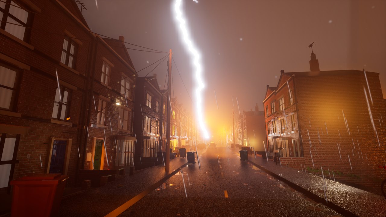 A terraced street at night in heavy rain, a bright white lightning bolt coming down at the far end of the road and lighting the wet tarmac and bins orange.