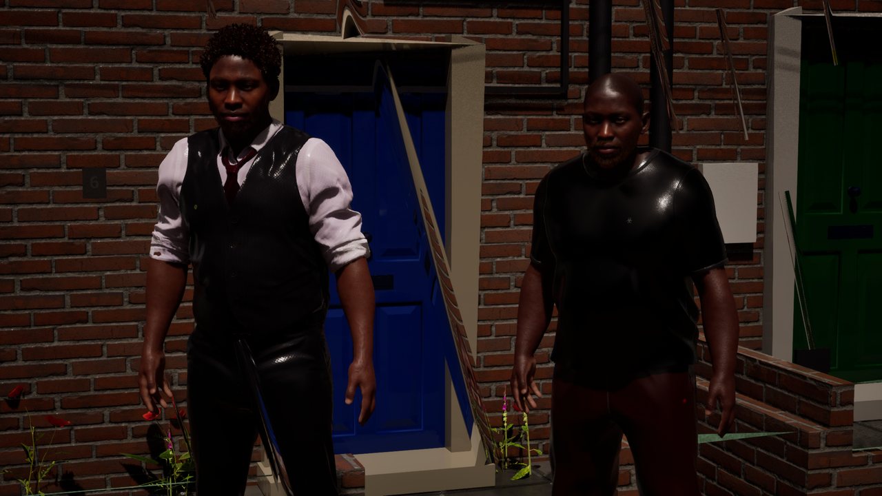 Two men standing in front of a blue front door in the rain, their waistcoat, shirt and tee dark and shiny with water.