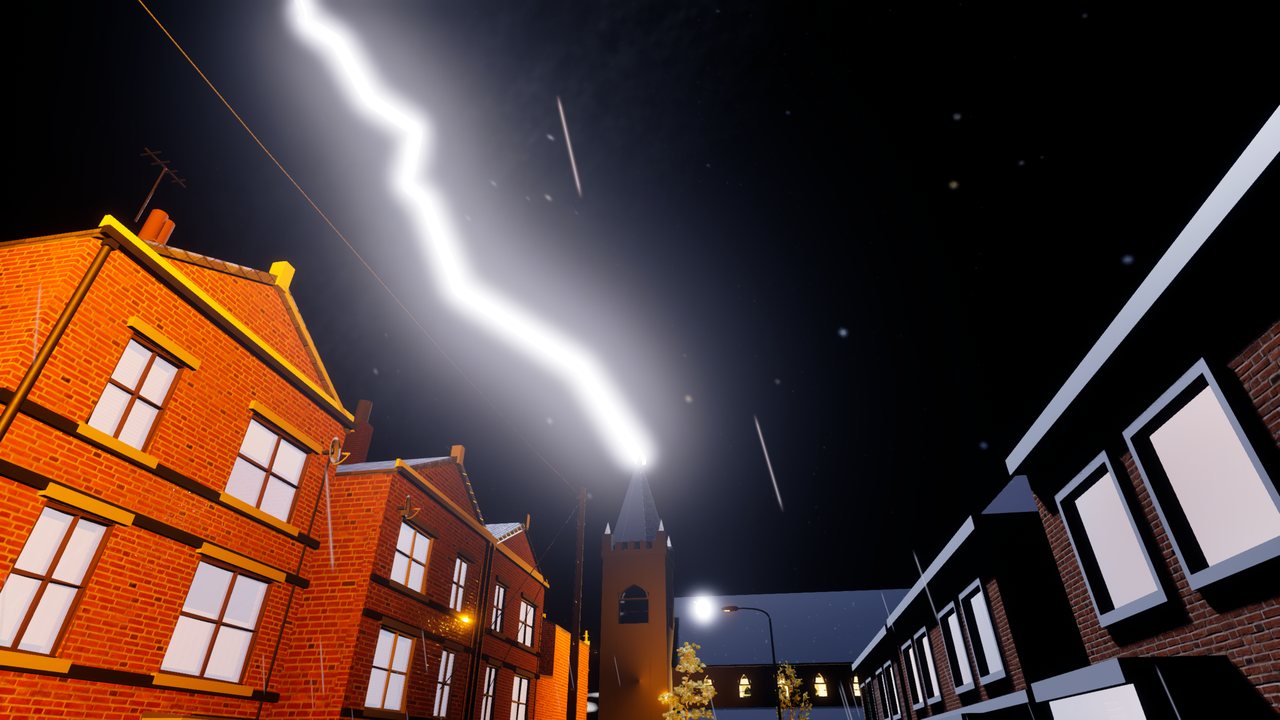 Looking up past red-brick houses at night as a jagged white lightning bolt strikes the tip of a church spire.