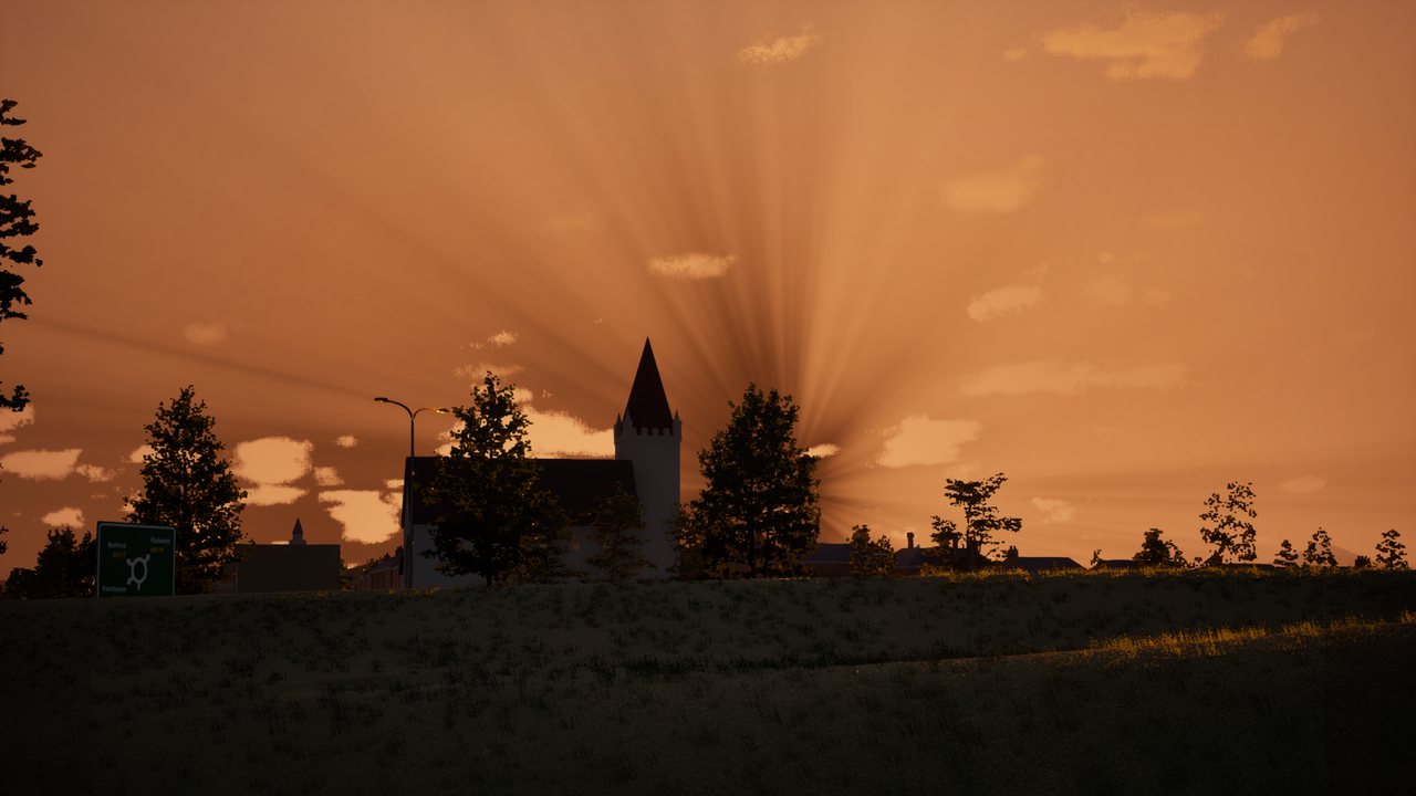 An orange sunset sky with rays fanning out from behind a church and a line of trees, small clouds lit gold above.